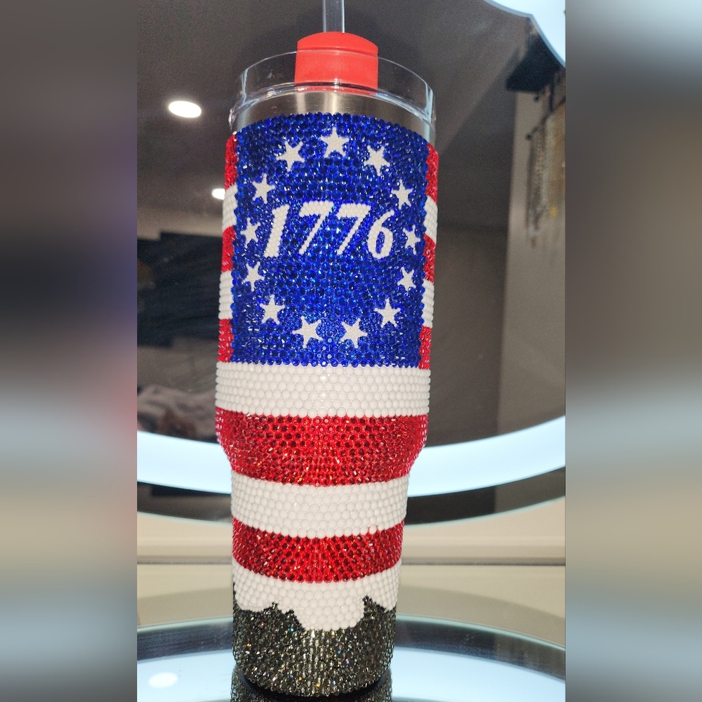 40 oz Rhinestone Tattered Betsy Ross Flag Tumbler
